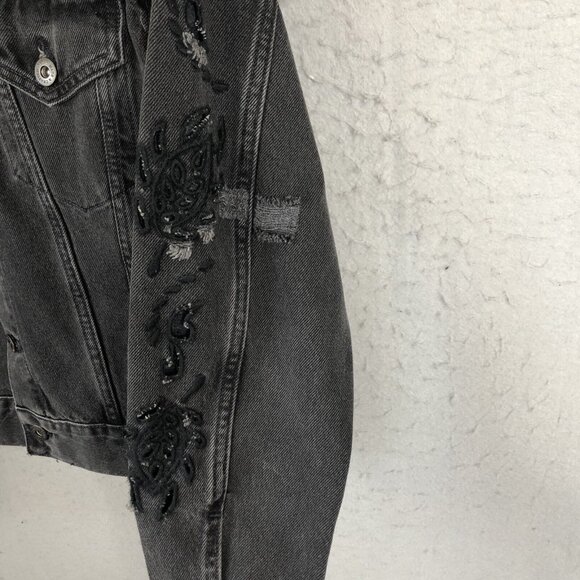 Levis Jean Jacket S Black Faded Made & Crafter Upcycled Boutique Cutouts Biker - Picture 9 of 16